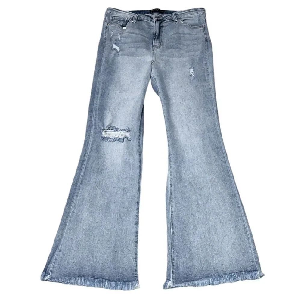 FTF High-Rise Destructed Raw Hem Light Wash Flare Jeans